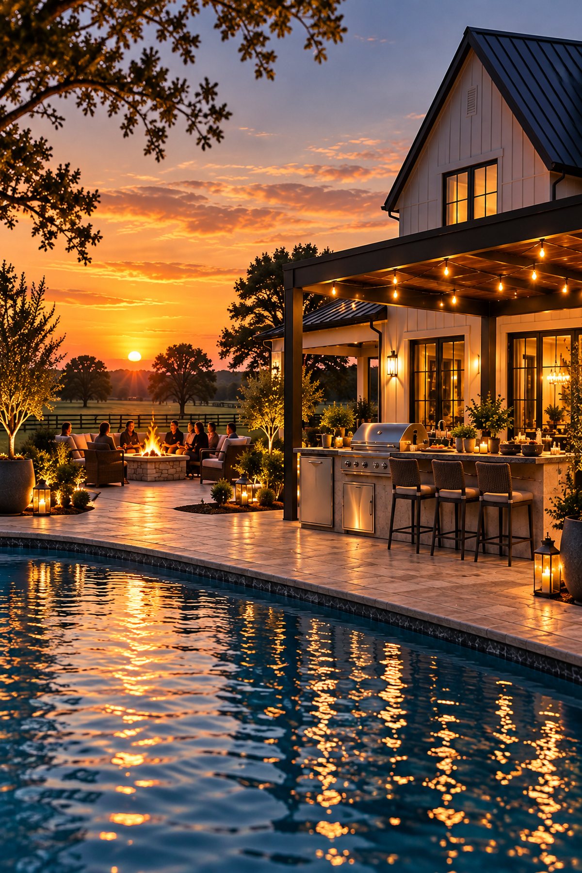 Oklahoma backyard at sunset, fire pit and outdoor kitchen