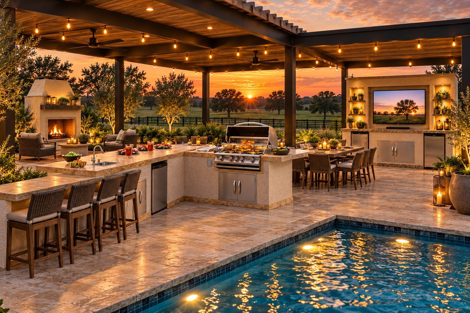 Full outdoor kitchen with entertainment center