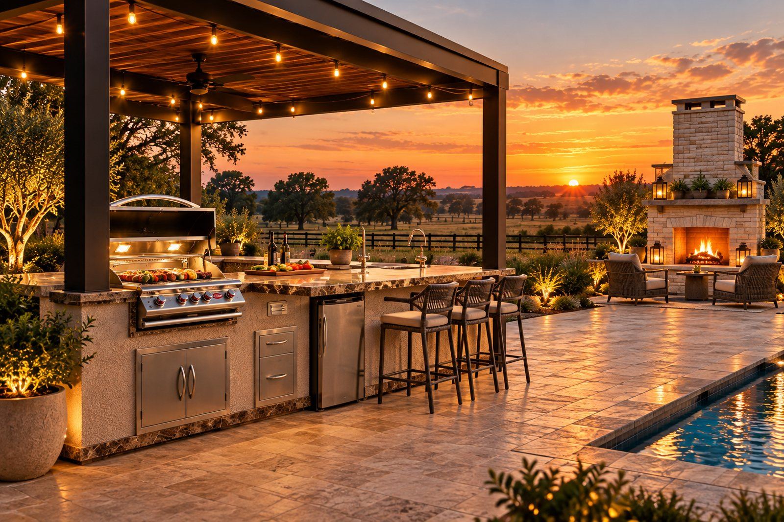 Grill island with bar seating and outdoor fireplace