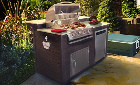 Outdoor kitchen island at dusk